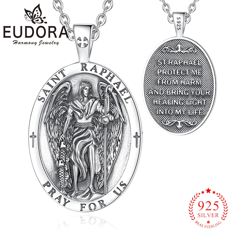 Eudora 925 Sterling Silver Saint Raphael Archangel Necklace Religious Amulet Pendant Vintage Jewelry Personality Gift For Men pendant necklace silver pendant