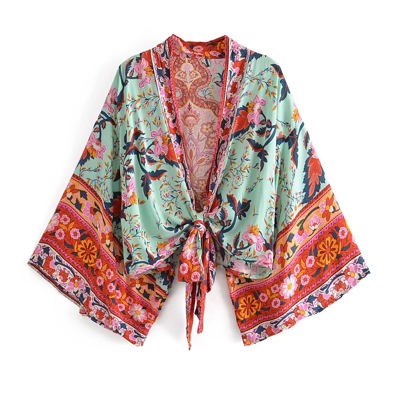 Boho Queens Vintage Floral Print Sashes Short Kimono Women V Neck Batwing Sleeves Ladies Beach Robe Cover-ups