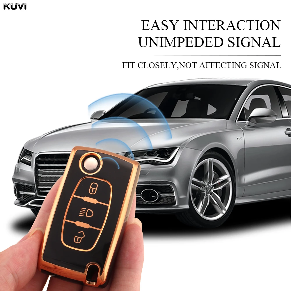 Golden TPU Car Flip Key Case Cover - Durable Protector Fob Cover with Elegant Finish