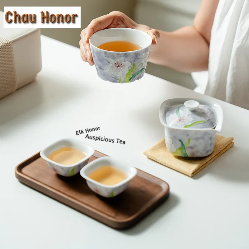 Misty Purple Pure Hand-painted Lily Tea Set Complete Set Zen Tea Ceremony Set Teapot and Tea Cup Set Teaware Accessories Craft