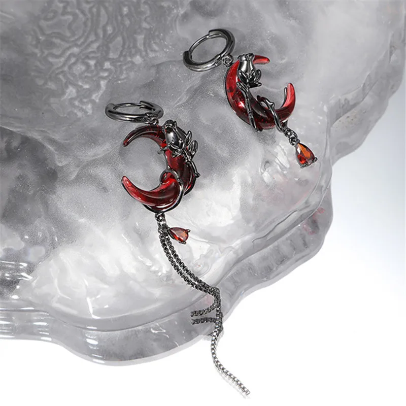 XIALUOKE Asymmetry Red Moon Rose Earrings Women European American Style Personality Crystal Drop Pendant Earrings Jewelry dangle earrings drop earrings pendant earrings crystal earrings
