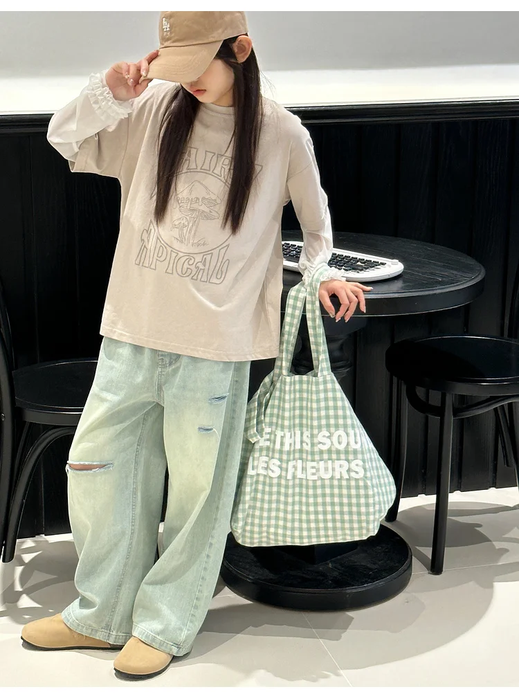 جينز كاجوال متوسط إلى كبير للأطفال ، سراويل أنيقة للفتيات ، طراز جديد ، الربيع والخريف ،