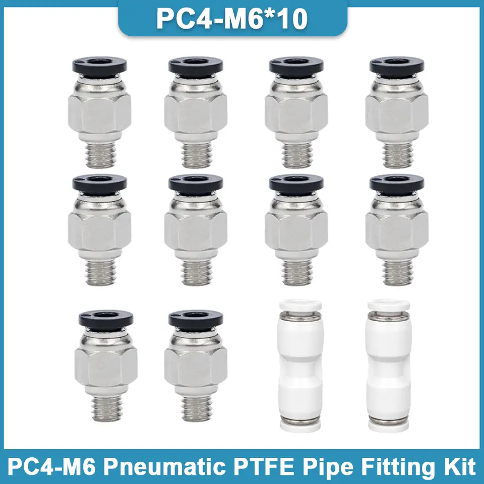 12 pcs PC4-M6 Pneumatic PTFE Tube Kit 10 Metal Fittings + 2 Plastic Quick-Connect Fittings, for 4mm Outer Diameter PTFE Tube image 1