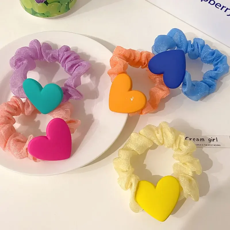 

Multicolor Elastic Silk Hair Scrunchies Girls Love Heart Hair Bands Elegant Ponytail Holder Rubber Band Kids Hair Accessories