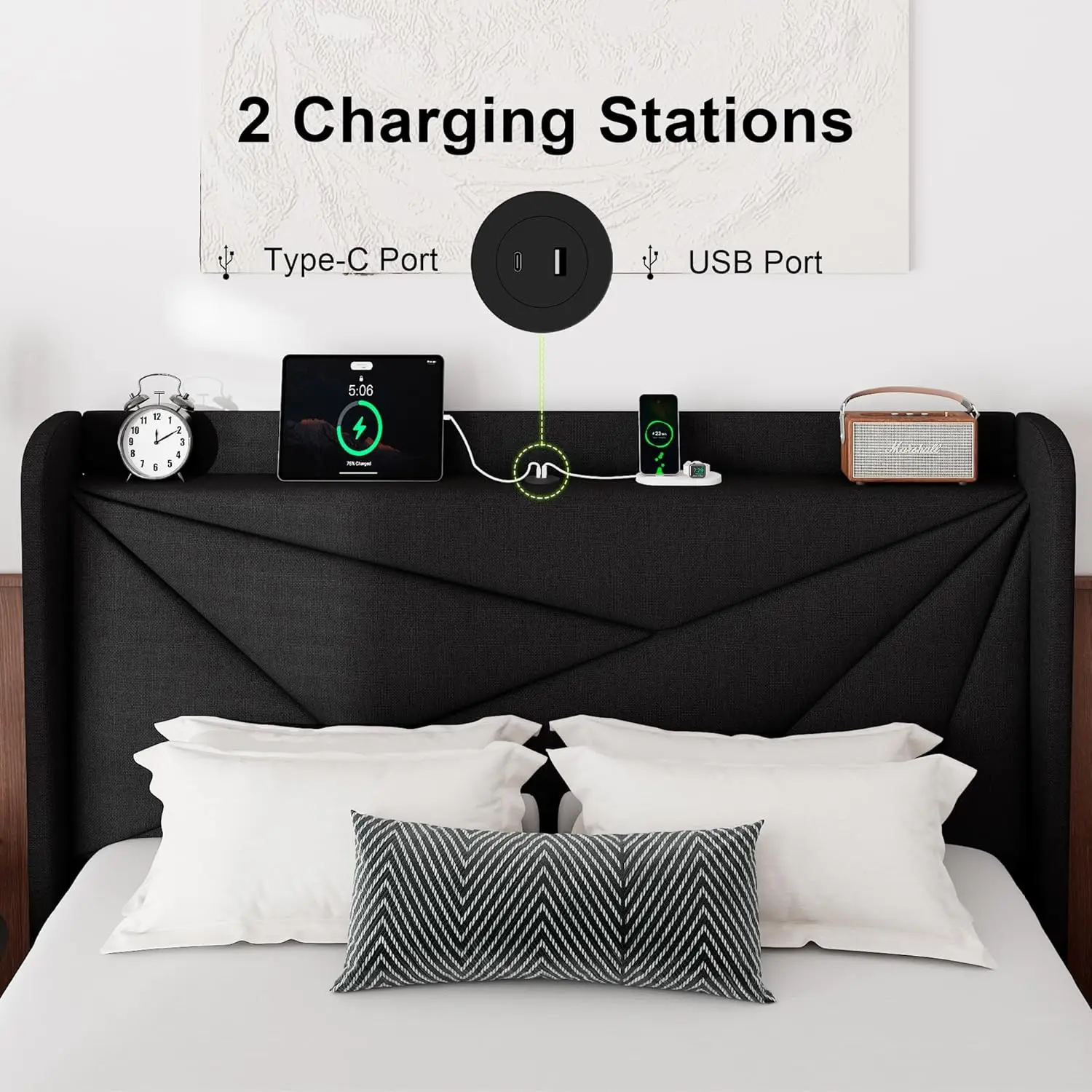 Queen Bed Frame with Charging Station, Upholstered Platform Bed Frame with Wingback Storage Headboard, Solid Wood Slats Support 4
