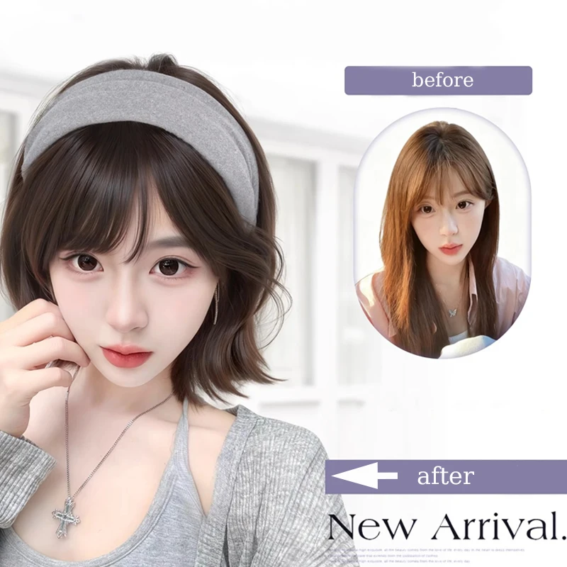 Synthetic Short Women Wig Hair Extensions Black Wig with Removable Headband Short Hair with Hair Bangs for Women Daily Party Use