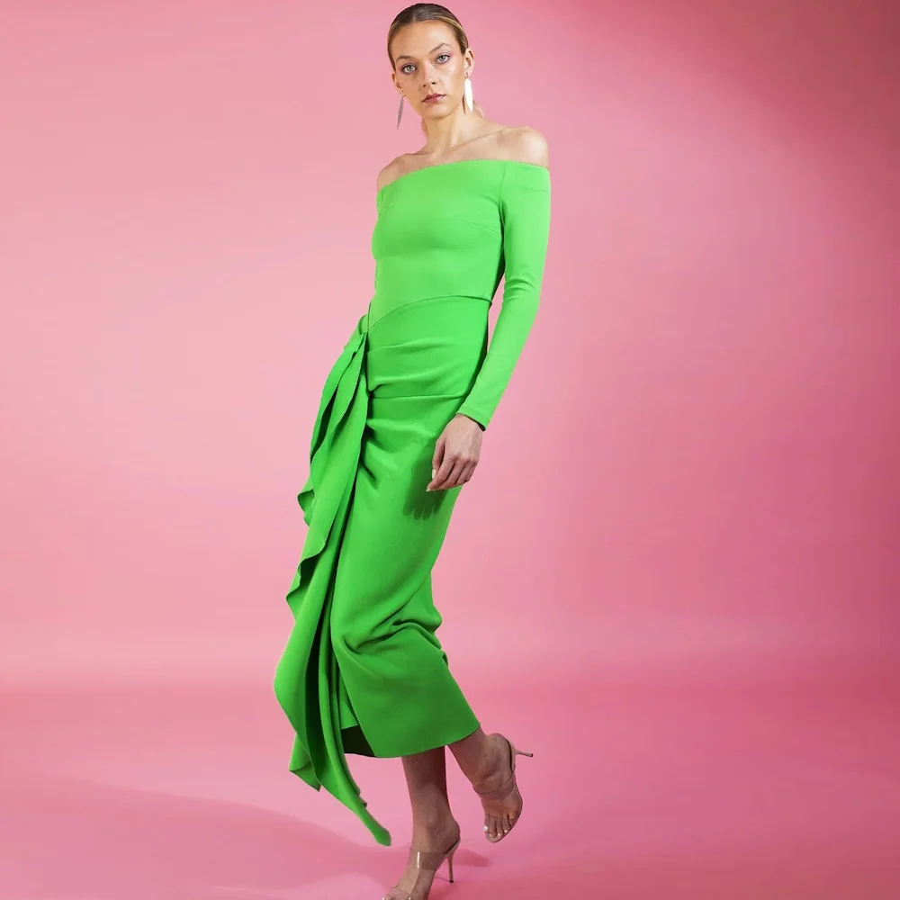 

Mignon Crepe Mermaid Off The Shoulder Tea-length Pleat Elegant Formal Prom Gown Floor Length Evening Party Dress for Women 2024