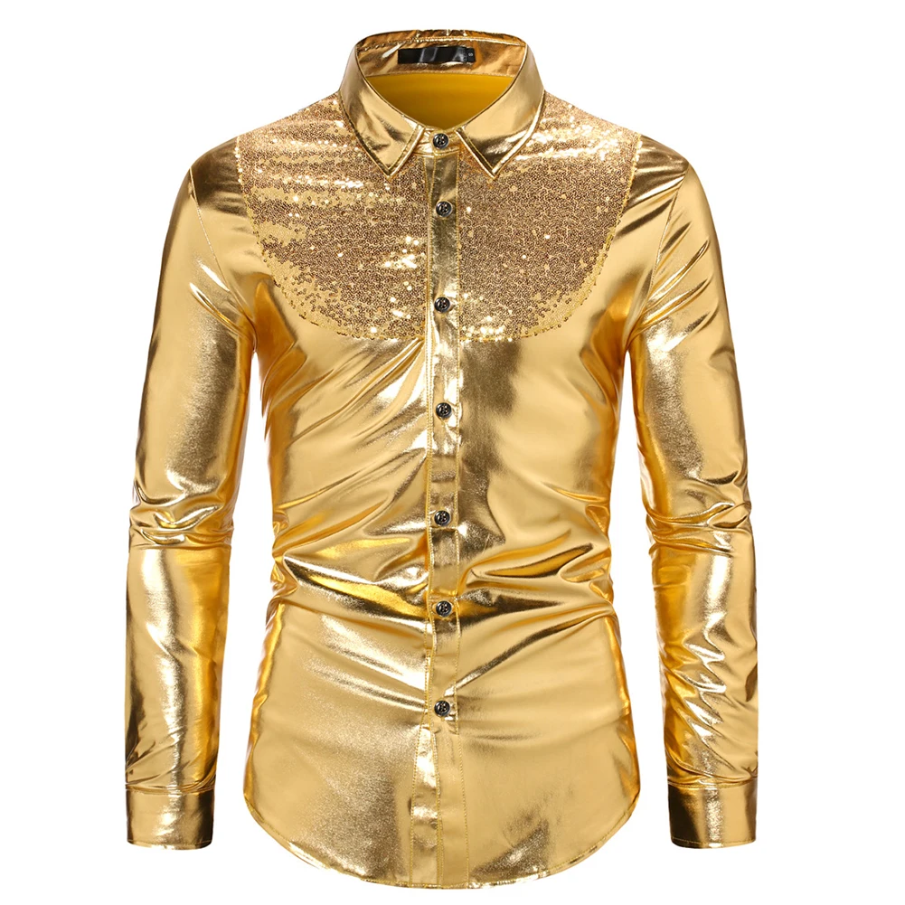 

Men's Shiny Sequins Shirts Sexy Nightclub Long Sleeve Solid Candy Color Single Breasted Performance Party Shirt Tops Clothing