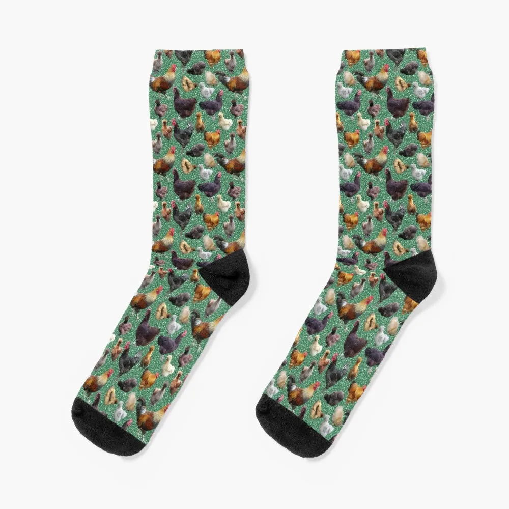 

Backyard Chickens on Green Glitter Socks ankle funny sock Stockings compression Man Socks Women's