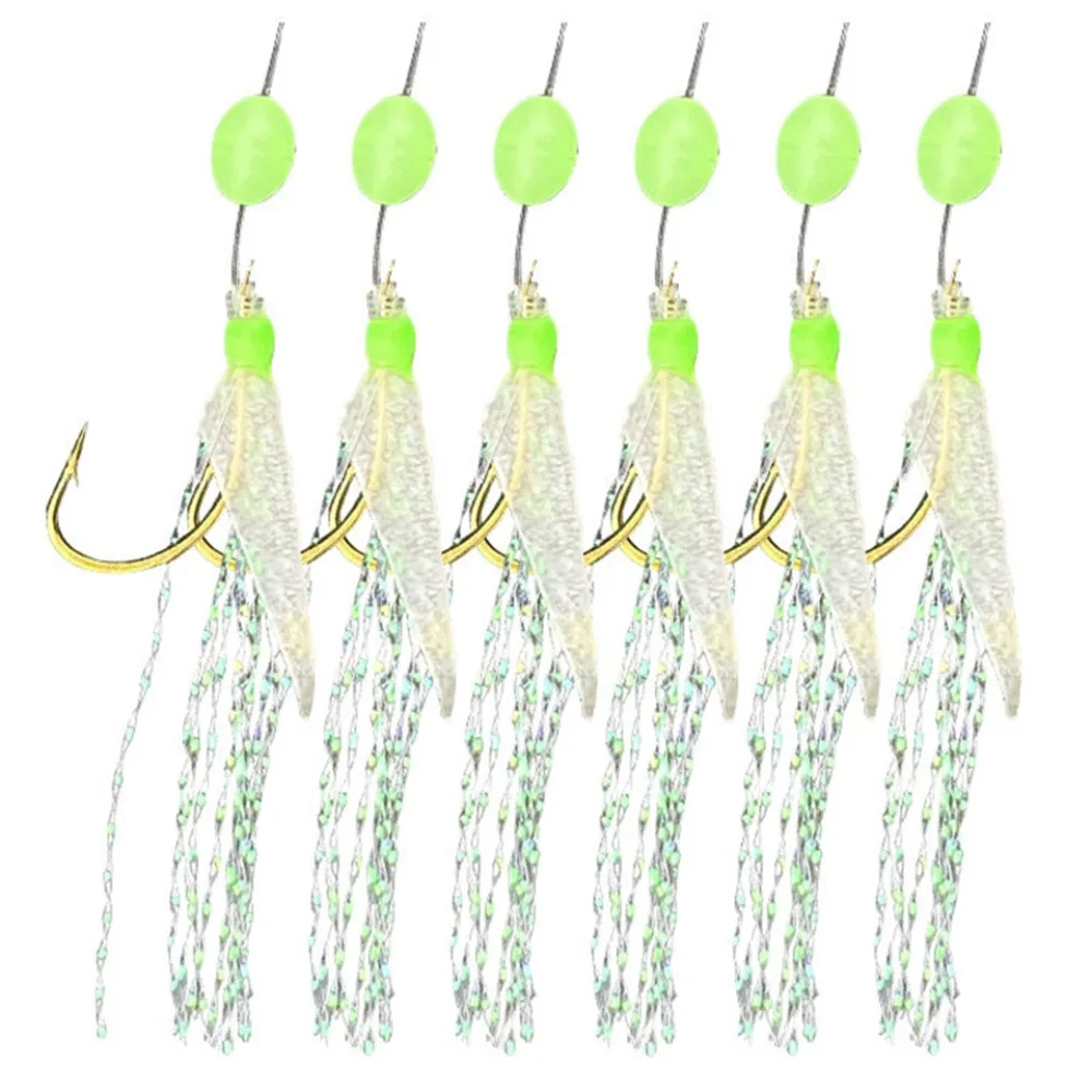 1 Pack (6pcs) Fishing Sabiki Rigs 6 Arm Hooks Red White Fish Skin Sea Freshwater Fishing Rigs