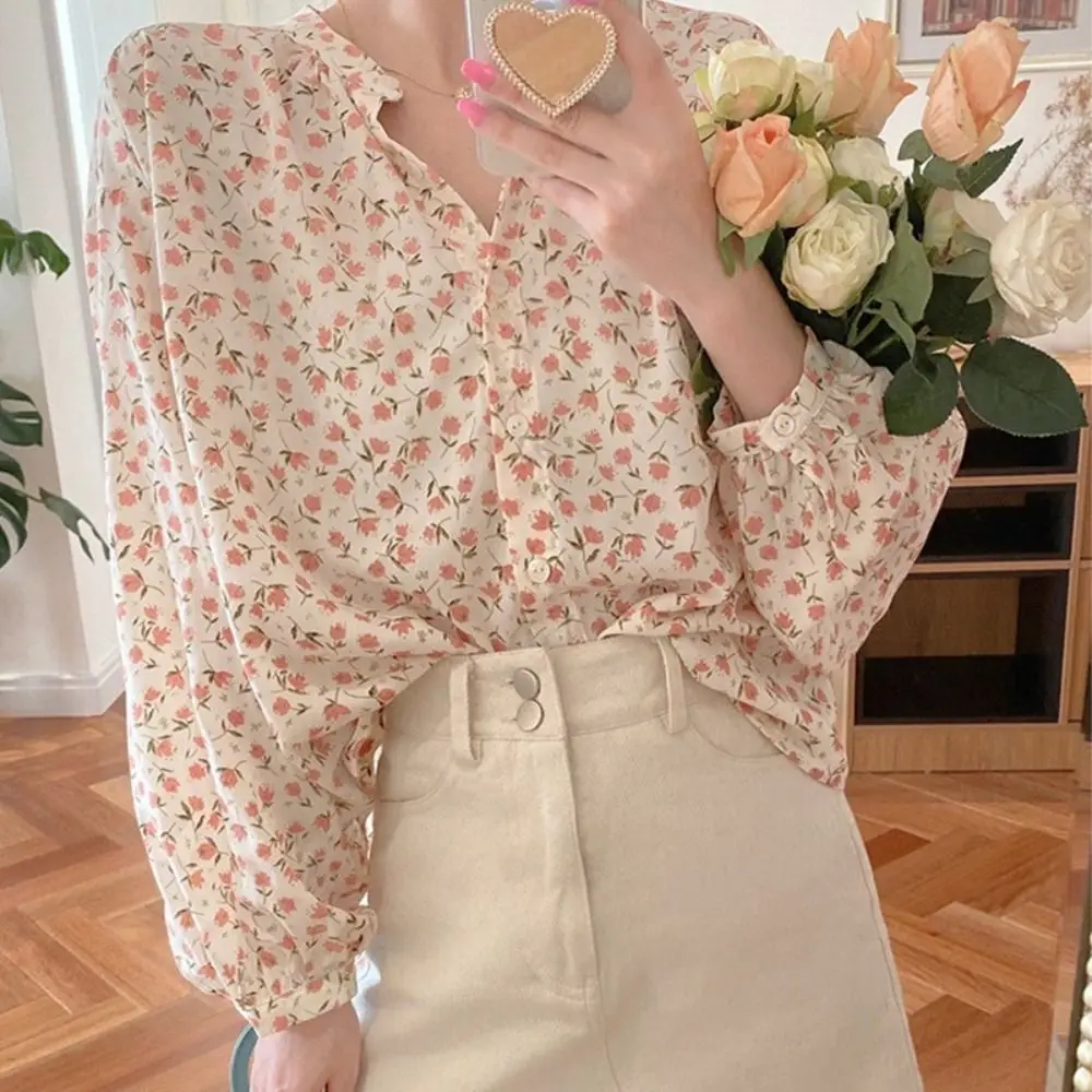 

Lantern Sleeve V Neck Floral Chiffon Shirt Floral Sun Protection Boho Loose Blouses Vintage Sweet Chiffon Spring Top