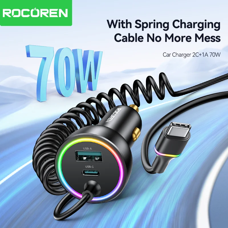 Rocoren 70W USB C Car Charger With Spring LED Cable Fast Charge Type-C USBC Car Charging Adapter For iPhone 16 15 Pro Max Xiaomi Best Sellers In Phones Accessories