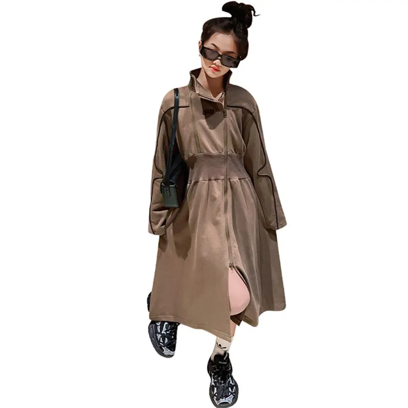 

Teenage Girls England Style Dress with Zipper Fashion Design Spring Autumn Long Sleeve Black Khaki Costume 5 7 8 9 11 13 14Years