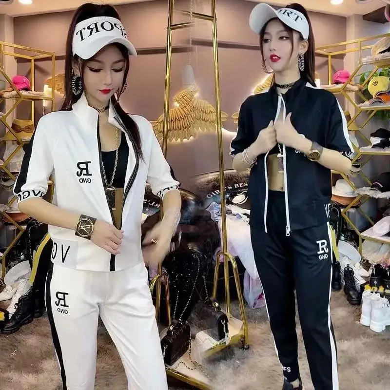 

Sports Two-Piece Suit Zipper Coat Two-Piece Women's Fashionable New Letter Stand Collar European and American Large Size