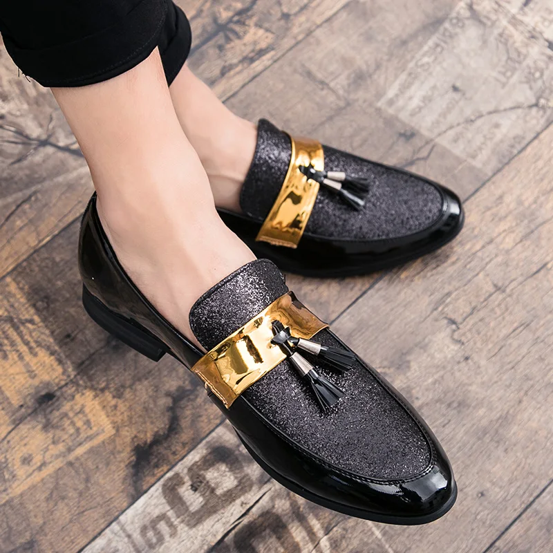 

Black Golden Bling Formal Dress Shoes Men Luxury Tassel Leather Casual Shoe Men Wedding Party Shoes Men Loafers Flat Moccasins