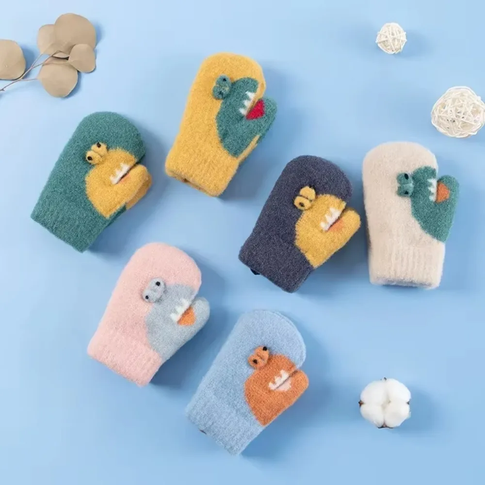 Children's Warm Gloves Knitted Jacquard Cartoon Lanyard Double Layer Fleece Mittens Cartoon Mittens Winter Warm 4-6 Years Old