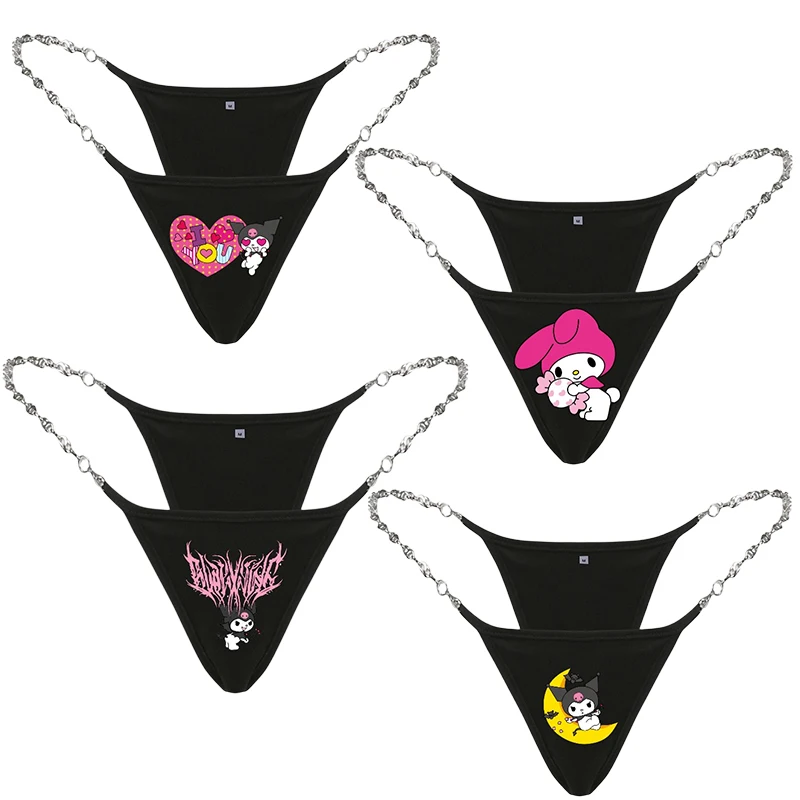 

Модные женские стринги с металлической цепочкой, Мультяшные Mymelody Kuromi Y2K, сексуальное черное нижнее белье для девушек с низкой талией, женское нижнее белье, футболки, подарки