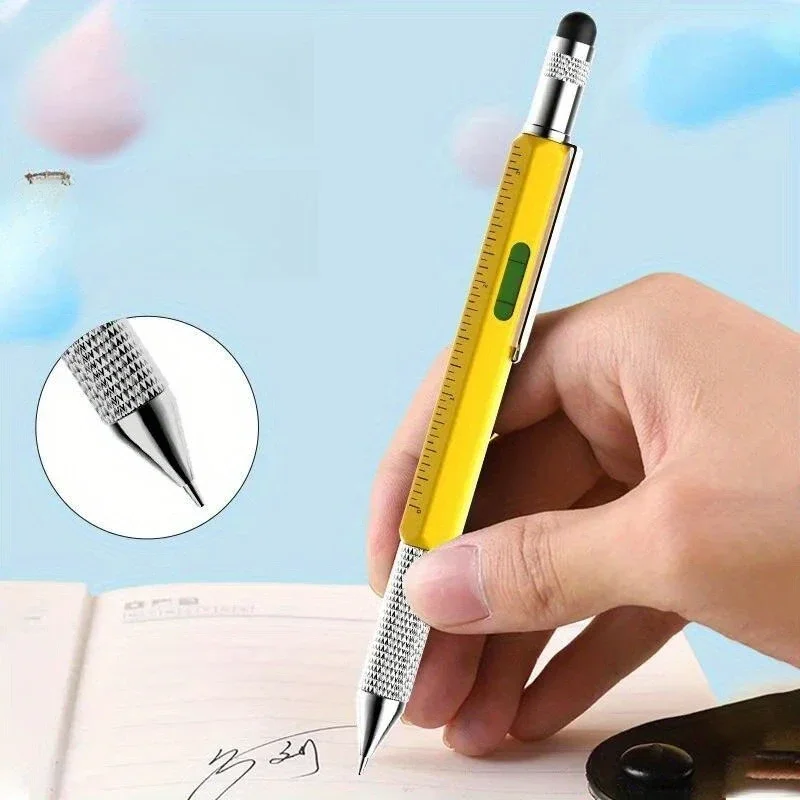 6 In 1 다기능 도구 펜 스케일 레벨 게이지 스크루 드라이버 커패시터 헤드 필기 로타리 금속 도구 부드러운 볼펜