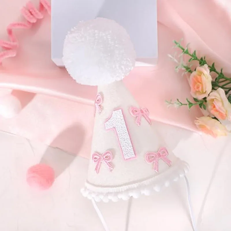 Pink Bow 1st Birthday Hat Handmade Party Decoration Cone Hat First Birthday Photography Atmosphere Prop for Girls