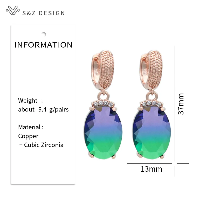 S&Z DESIGN Fashion Oval Egg Shape Imitation Tourmaline Dangle Earrings For Women Wedding Party 585 Rose Gold Color Jewelry