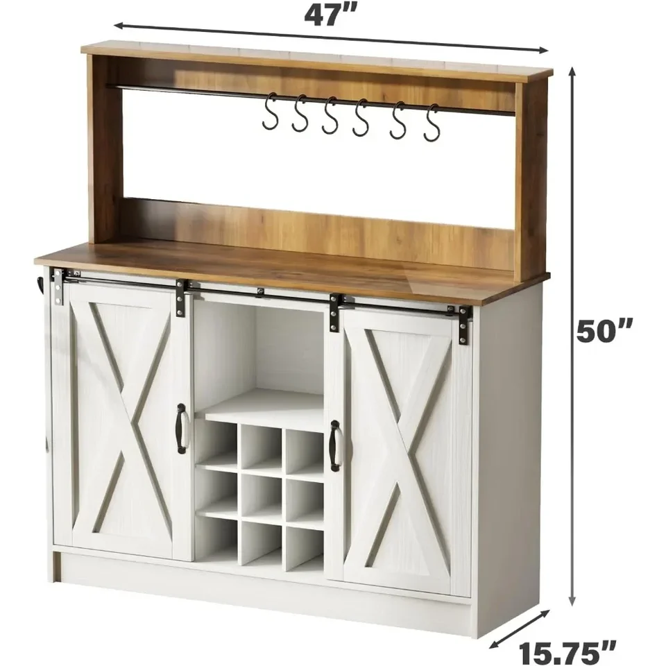 Modern Farmhouse Coffee Bar Cabinet with Hooks and Racks