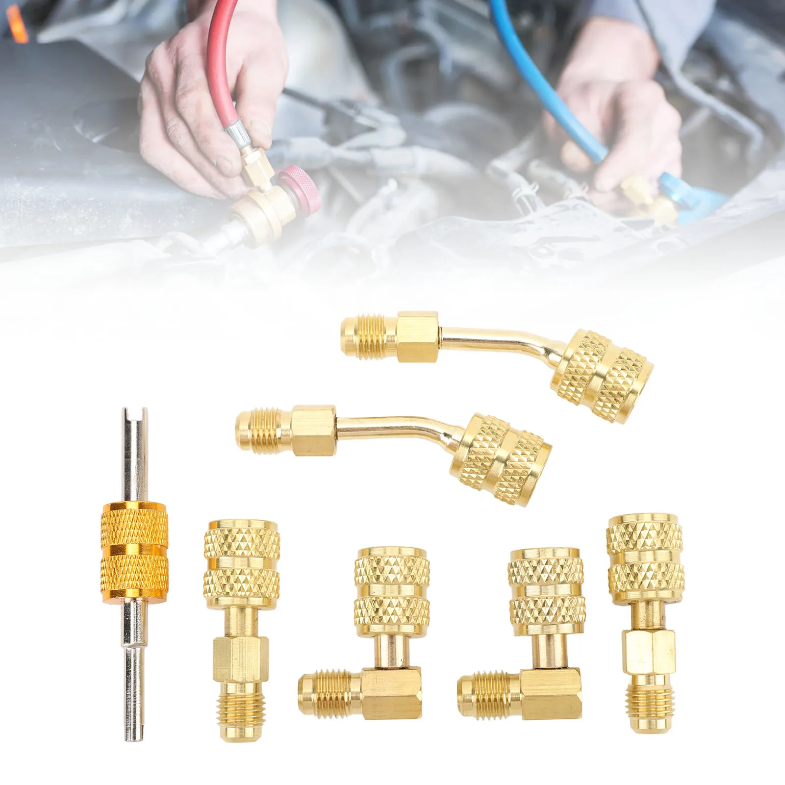R410A Adapter Kit with Valve Core Remover 5/16 to 1/4in HVAC Refrigerant Hose Adapter for R410A Mini Split Air Conditioner