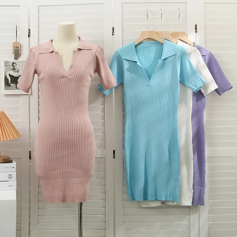 

2022 Short Sleeve Knit Mini Dress Summer Women Fashion Streetwear Outfits Cute Solid Polo Collar Dresses Clothing