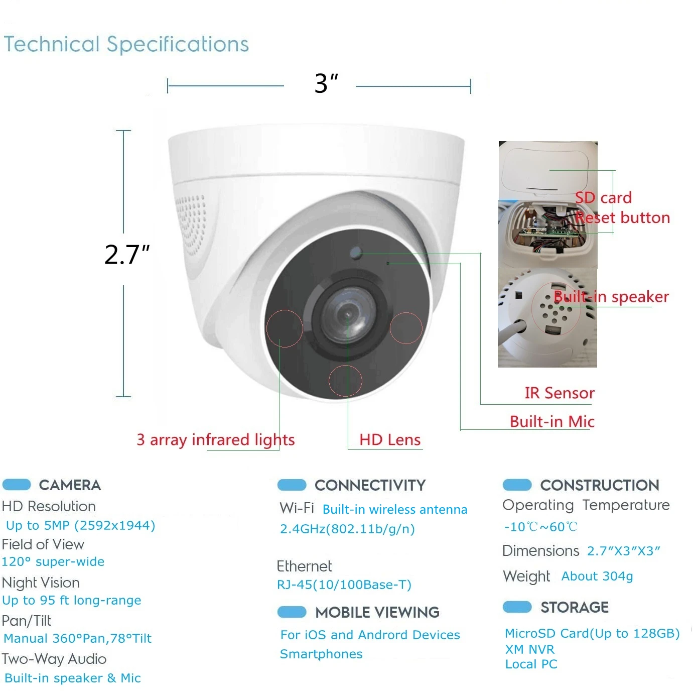 Wireless 2592*1944P 5.0MP Dome Wifi IP Camera Night Vision Security Camera P2P CCTV Cam with IR-Cut supports TF Card 5