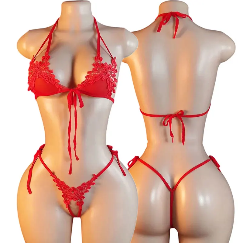 Ensemble de lingerie féminine super sexy : soutien-gorge mini à lacets réglables, string sans dos, fin et uni, idéal pour l'été 1 Ensemble de lingerie féminine super sexy : soutien-gorge mini à lacets réglables, string sans dos, fin et uni, idéal pour l'été 1