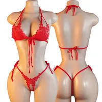 Ensemble de lingerie féminine super sexy : soutien-gorge mini à lacets réglables, string sans dos, fin et uni, idéal pour l'été 1