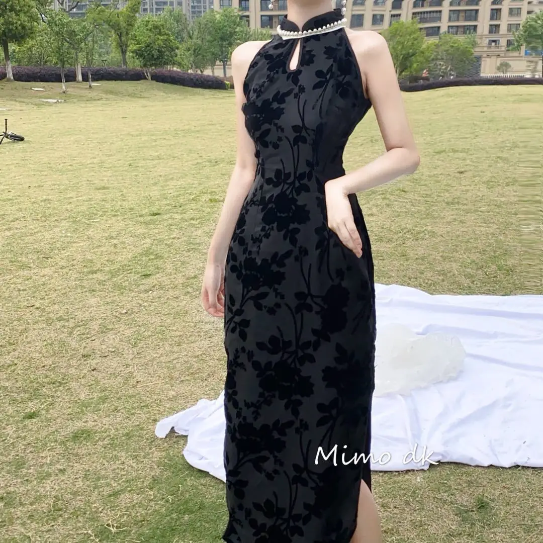 Black Pearl Collar Sleeveless Improved Cheongsam Mid-length Slim Dress Qipao Chinese Style Elegant Bodycon Party Wedding Dress old shanghai elegant women satin qipao slim 3 4 sleeve long dress new traditional chinese mandarin collar cheongsam vestidos