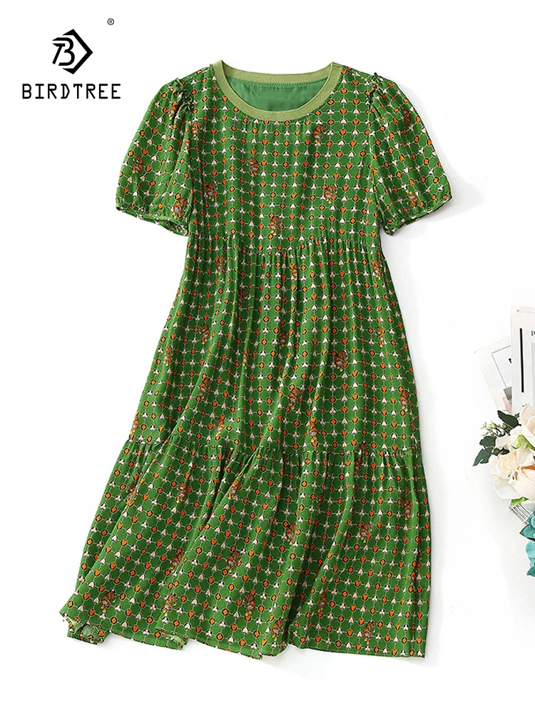 

Birdtree 100%Real Silk Thread Collar Little Tiger Printed Dress Short Sleeve Round Neck Dress For Women Age Reduction D3D161QC