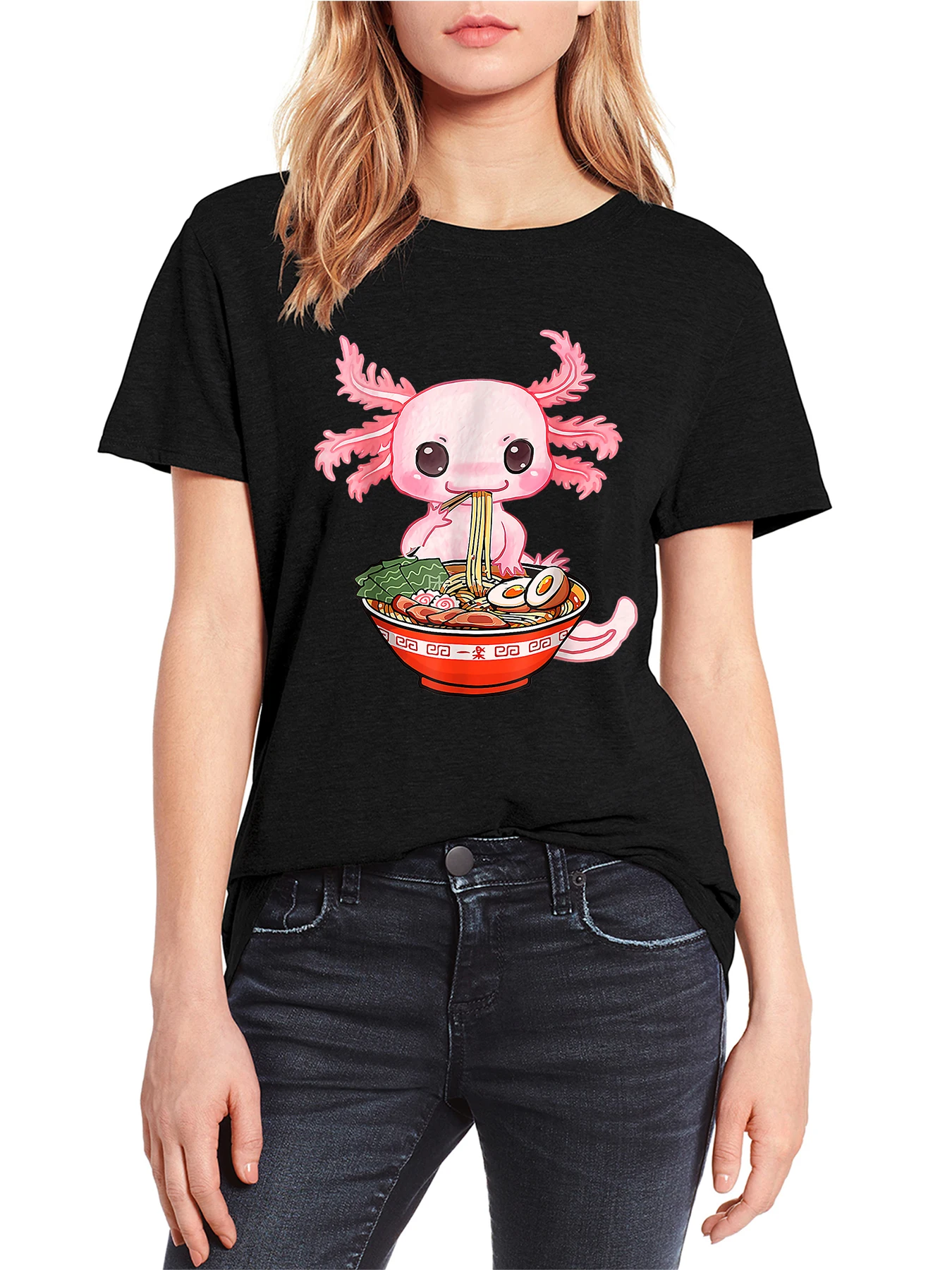 

FLC 100% Cotton Kawaii Anime Gift Girls Cute Clothing Gift Women Oversized T-Shirt Printed Top Tee Axolotl Eating Ramen Noodles