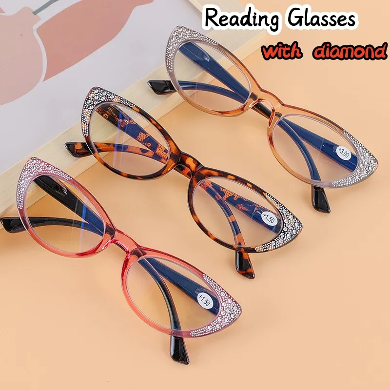 

New Cat Eye Presbyopia eyewear Diamond Trendy Reading Glasses Clear Lens Prescription Far-sight Eyeglasses Diopter +1.0 To +4.0