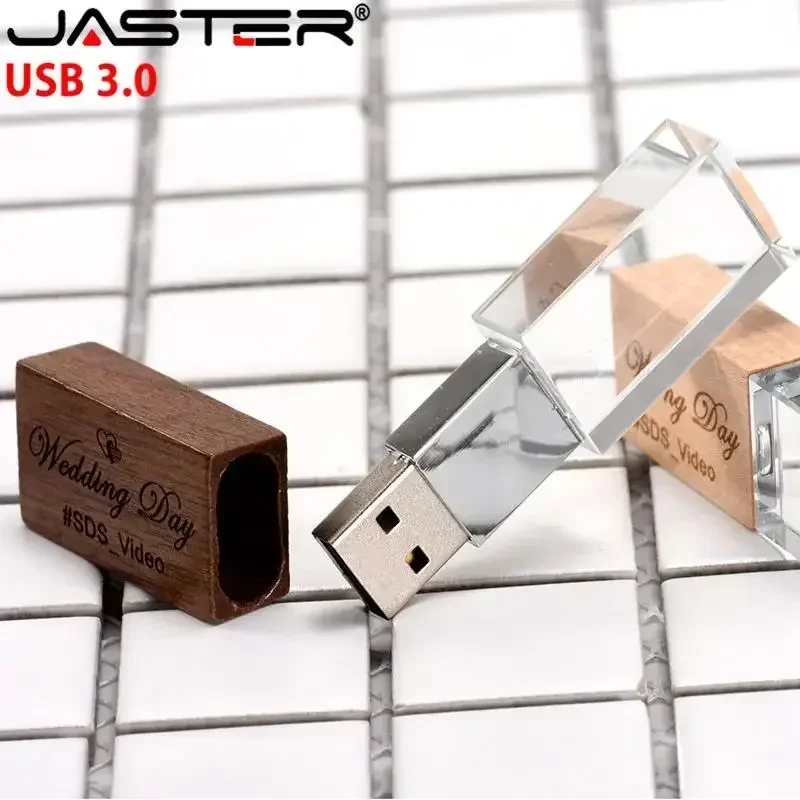 JASTER Wooden Crystal USB 3.0 Flash Drive, Wedding Photography Custom Logo Memory Stick, 64GB 32GB 16GB 4GB
