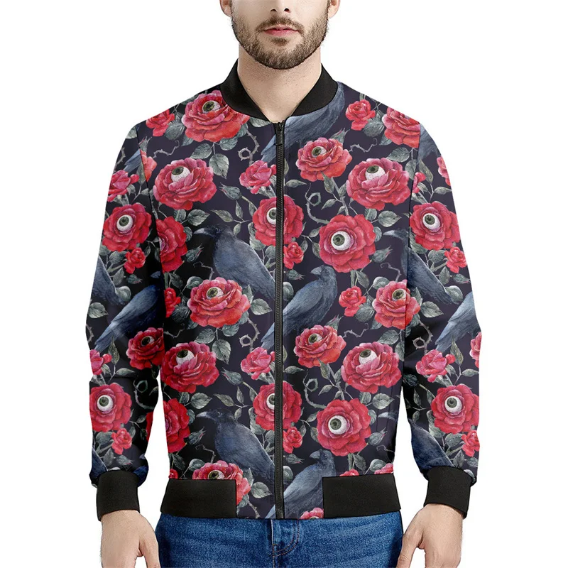 thumbnail image 1 of Chaqueta con cremallera y estampado de flores de rosas para hombre, con plantas 3D, mangas largas, para primavera y otoño, chaquetas de gran tamaño, abrigos, ropa de calle, 1 of 5