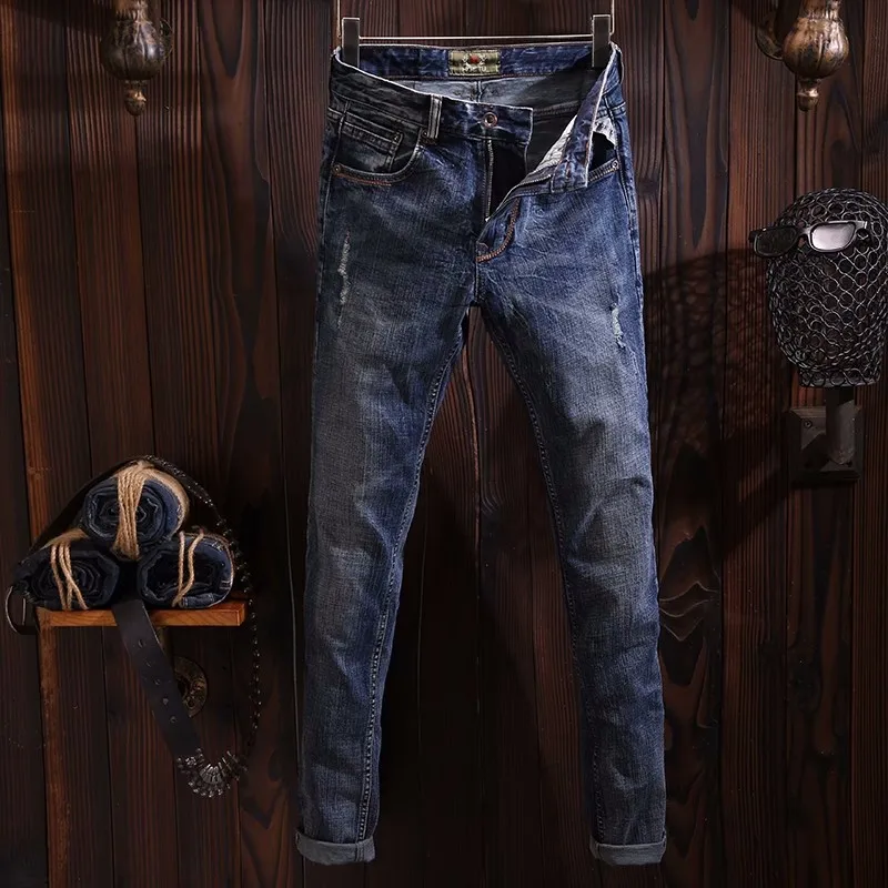 Italian Style Fashion Men Jeans High Quality Retro Blue Slim Fit Ripped Jeans Men Trousers Vintage Designer Denim Pants Hombre