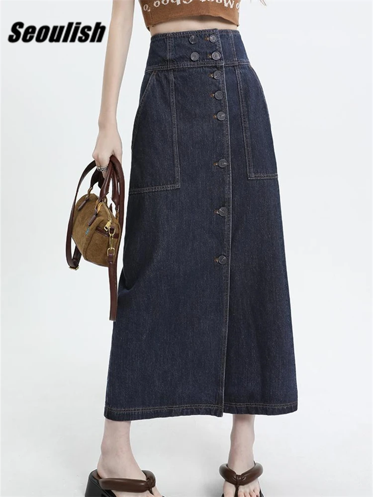 

Женская джинсовая юбка с высокой талией Seoulish, однобортная длинная юбка из денима в винтажном ковбойском стиле, весна-лето 2023
