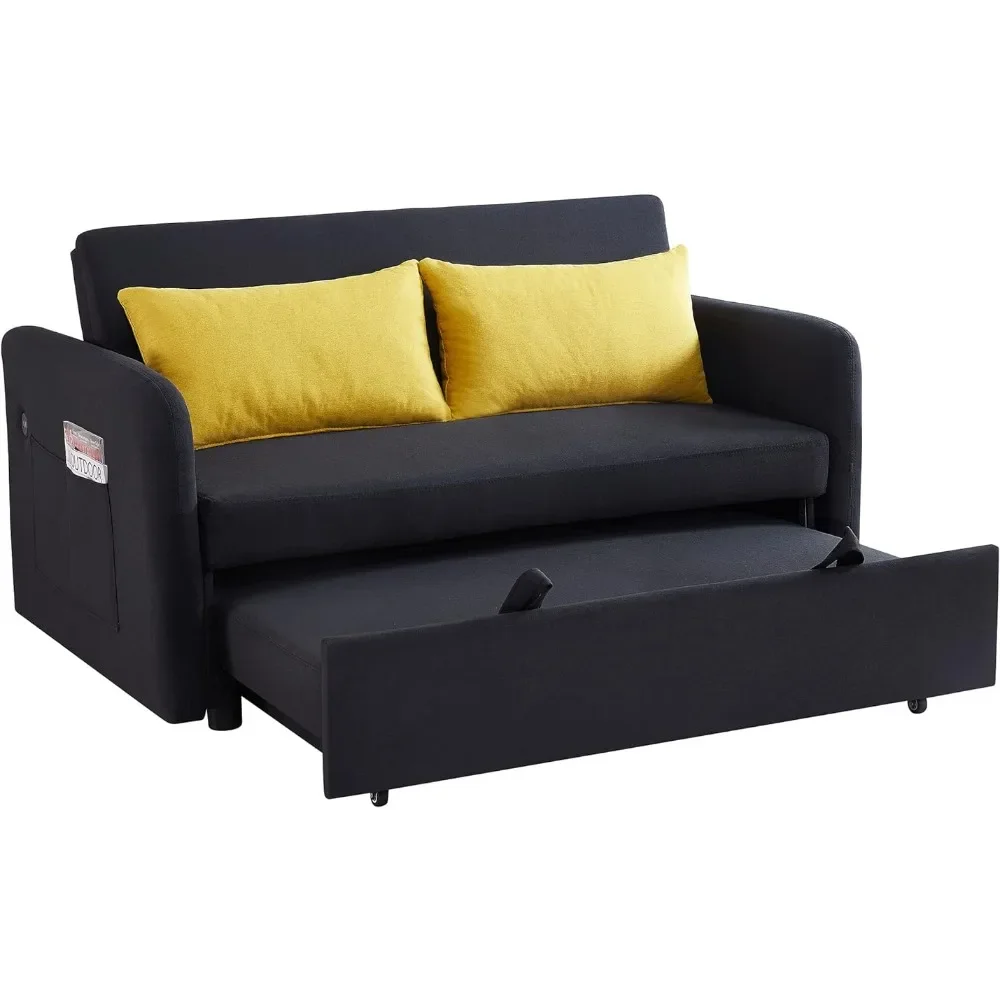 

56.3" Convertible Loveseat Bed Mid-Century Modern Sleeper Twin Floor Gaming Couch,Upholstered Fabric Futon Living Room(Black)