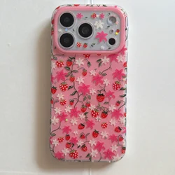Chic Pink Glitter Strawberry & Floral Clear Shockproof Phone Case - iPhone 15 (1)