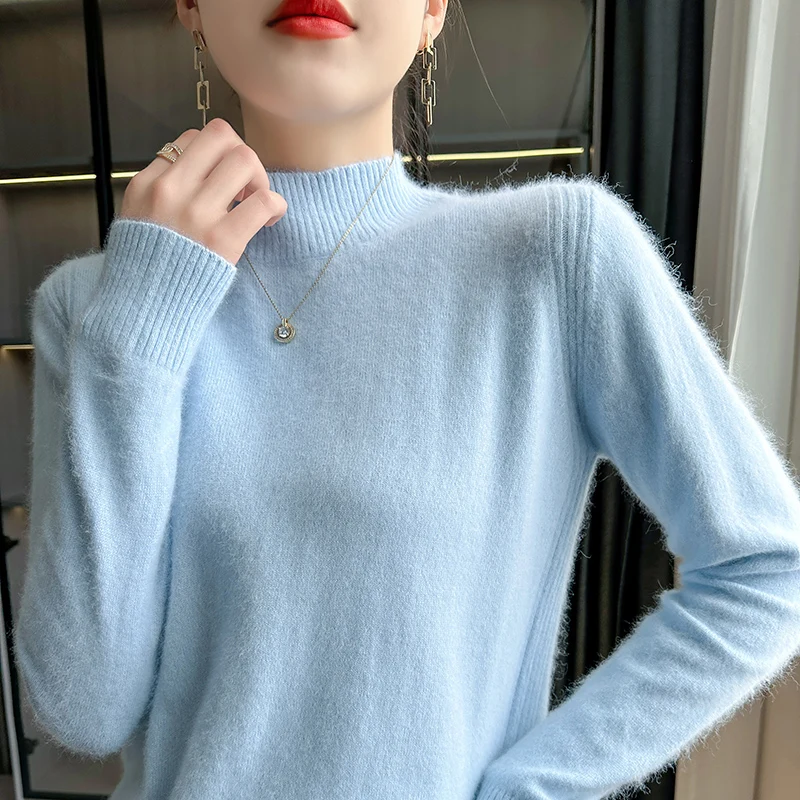 

Autumn Winter New 100% Mink Cashmere Clothing Women's Half High Neck Pullover Slim Fit Fashion Knitted Bottom Top Warm Long Slee