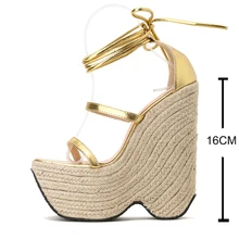 RIBETRINI-alpargatas metálicas doradas para mujer, sandalias de cuña con y tacón de tiras, zapatos verano de tacón súper alto de 16 - AliExpress
