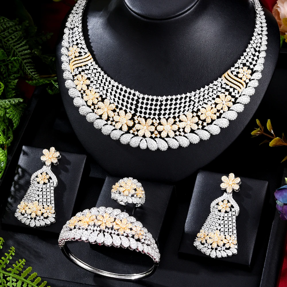 

Missvikki Luxury Nigerian Necklace Bracelet Earrings Ring For Women Shiny Cubic Zircon Bridal Wedding Engagement Jewelry Sets