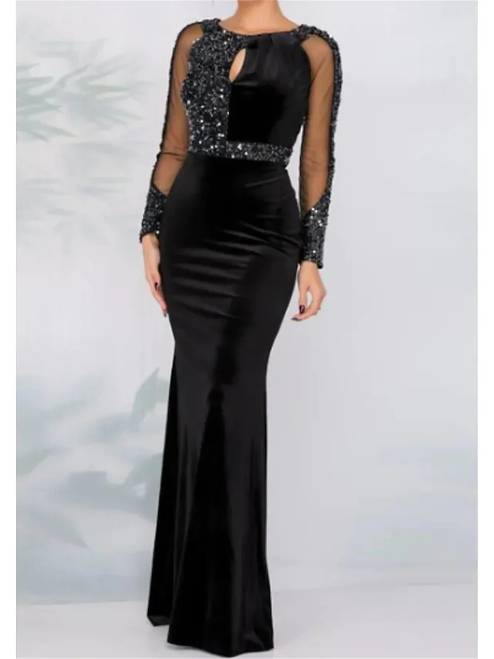 

Sheath / Column Sparkle Wedding Guest Formal Evening Dress Jewel Neck Long Sleeve Floor Length Tulle with Crystals Sequin