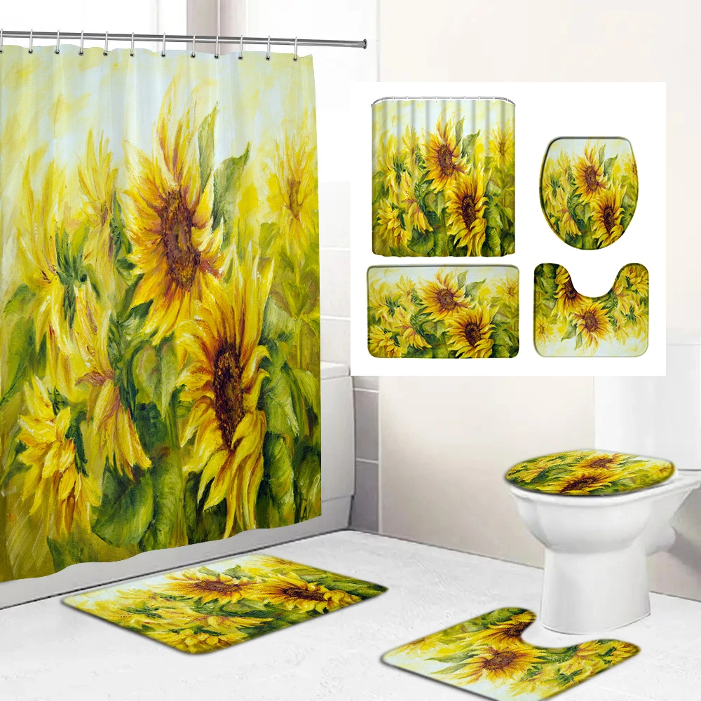 

Flowers Sunflowers Pattern Shower Curtains Set Non Slip Toilet Polyester Cover Mat Set Waterproof Bathroom Shower Curtain