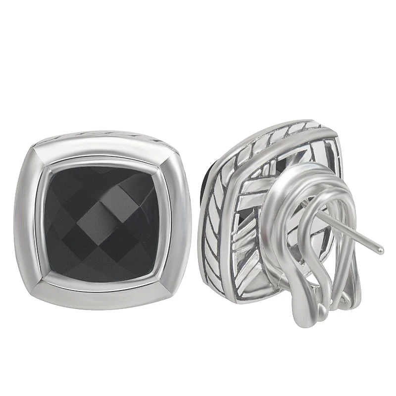 

11mm Cushion Cut Black Onyx Stud Earrings Stylish Chic 17mm Square Earrings Studs for Women Trendy White Gold Plated Jewelry