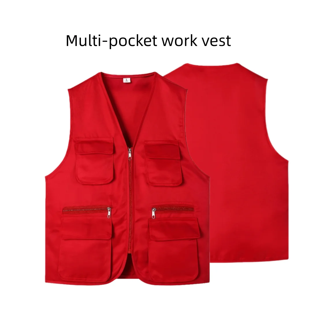 Gilet été 2026 travail loisirs multi-poches - Veste unisext personnalisable haute gamme pêche - Logo imprimé texte