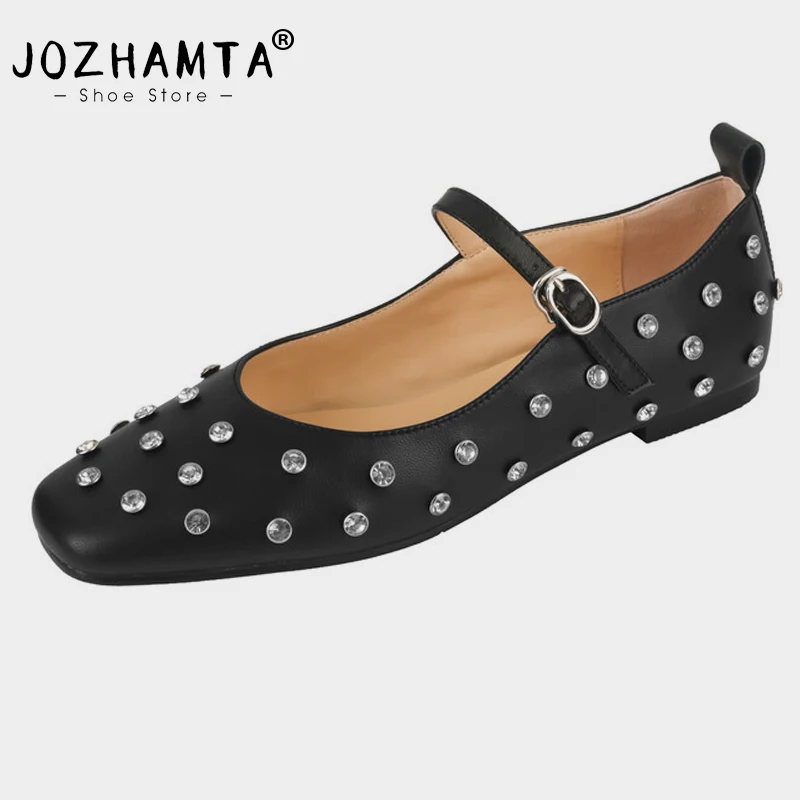

Женские туфли на плоской подошве JOZHAMTA, туфли из натуральной кожи с пряжкой и кристаллами, с круглым носком, весенне-летние Туфли Мэри Джейн, размеры 34-39, 2024