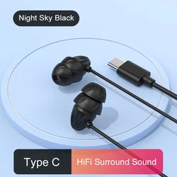 HiFi Surround Sound Noise - Reduction Sleep Earbuds with Mic - Soft Wired Headphones (Type C Black)
