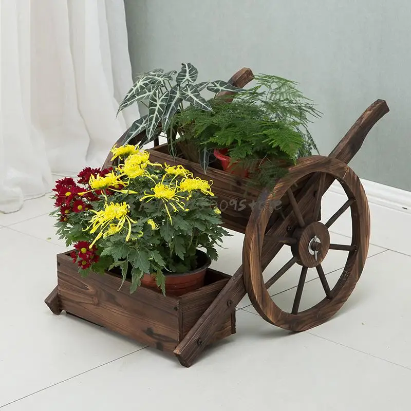 Two-story fashion flower cart pot anticorrosive carbonized solid wood decorative frame plant courtyard ga |